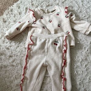 Cream Cherry Print Baby Outfit with Red Ruffles